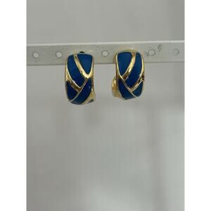 Cute Gold Tone Blue Enamel Half Hoop Post Earrings.